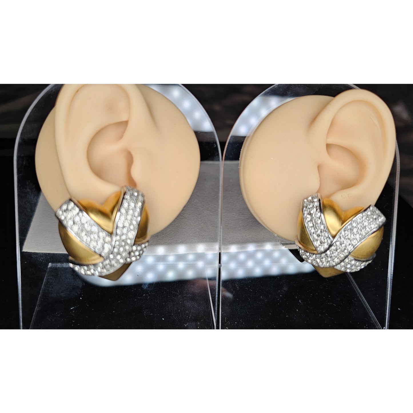 1980s Signed Givenchy Goldtone Pavé Clear Rhinestone X Heart Clip-on Earrings