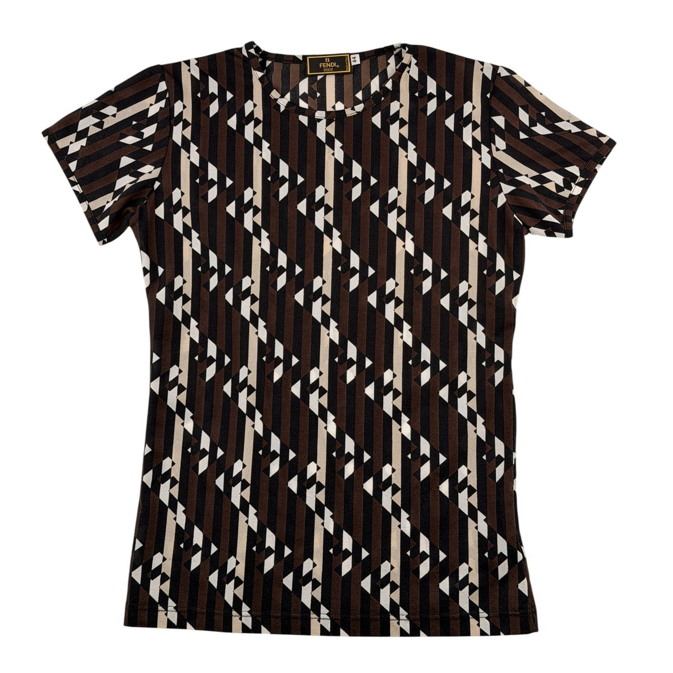 Fendi vintage 1990s T-shirt features a vertical Zucca FF logo pattern in brown, black, and white