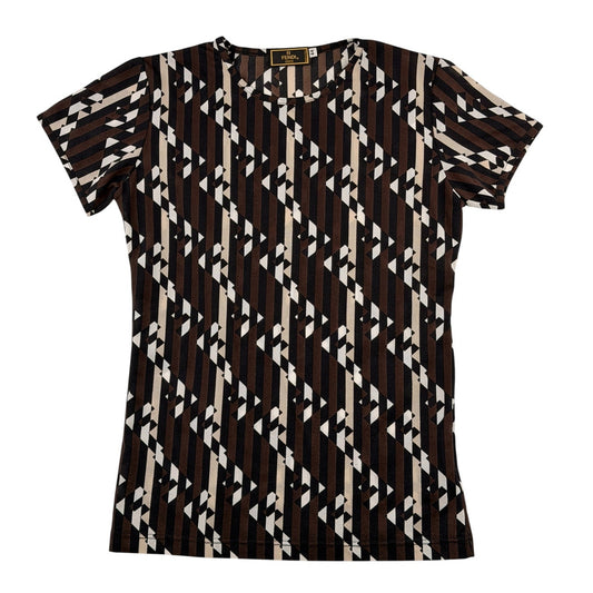 Fendi vintage 1990s T-shirt features a vertical Zucca FF logo pattern in brown, black, and white