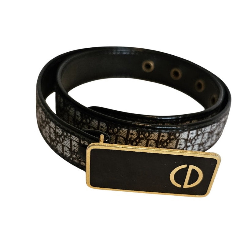 Christian Dior Vintage Women's Belt in Brown Leather/Canvas with a gold-tone CD buckle.