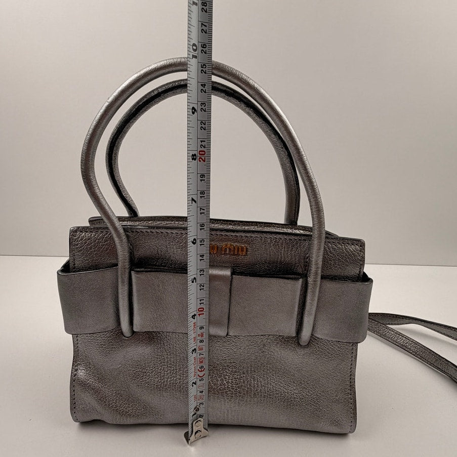 Miu Miu Silver Small Madras Bow-Embellished Tote