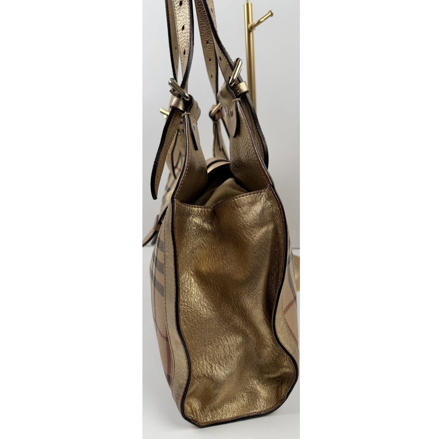 Burberry Burberry Haymarket Check Gold Coated Canvas Shoulder Bag