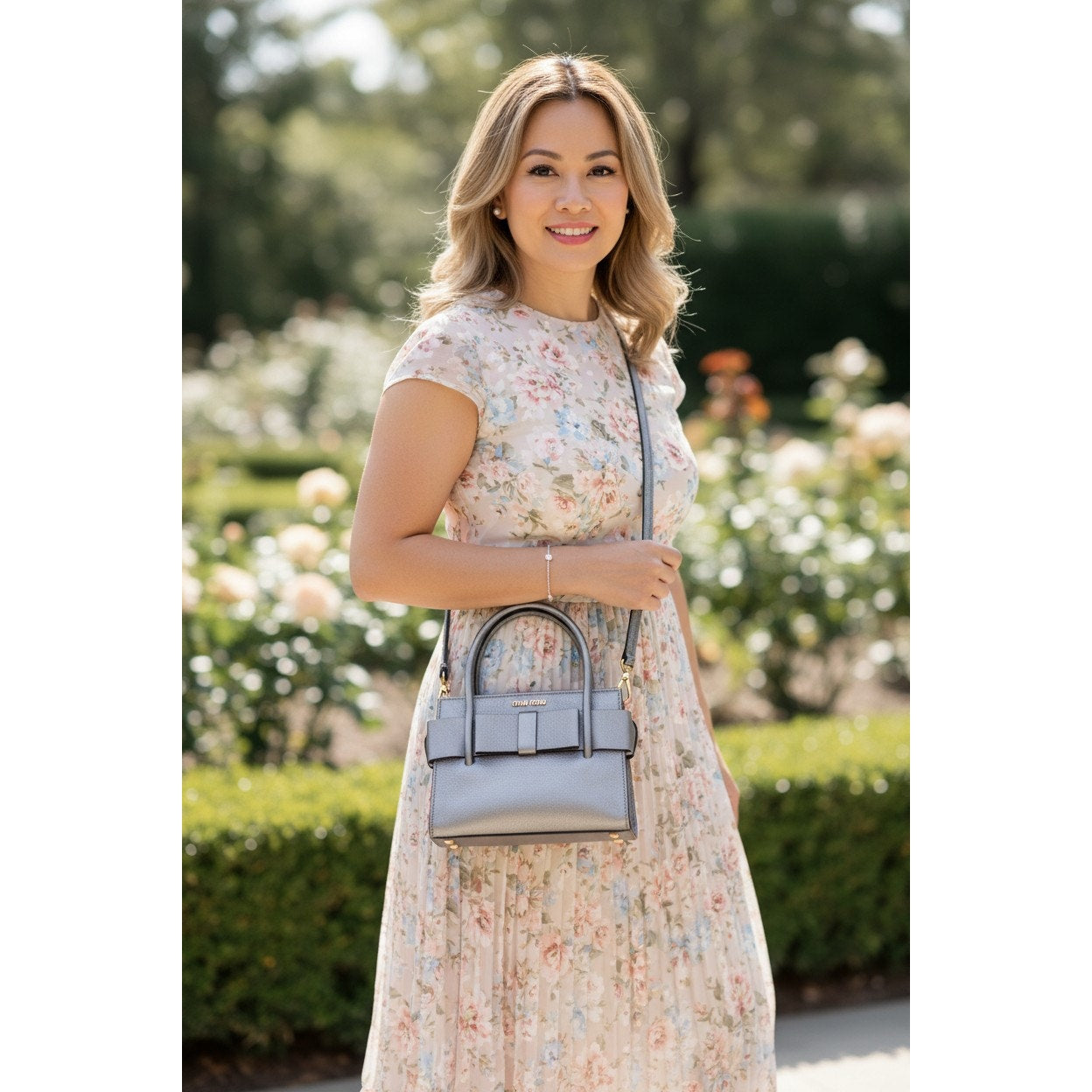 Miu Miu Silver Small Madras Bow-Embellished Tote