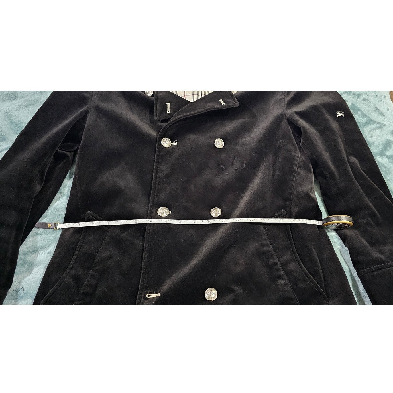 BURBERRY BLACK LABEL Velvet Napoleon Pea Coat Silver Button Men's