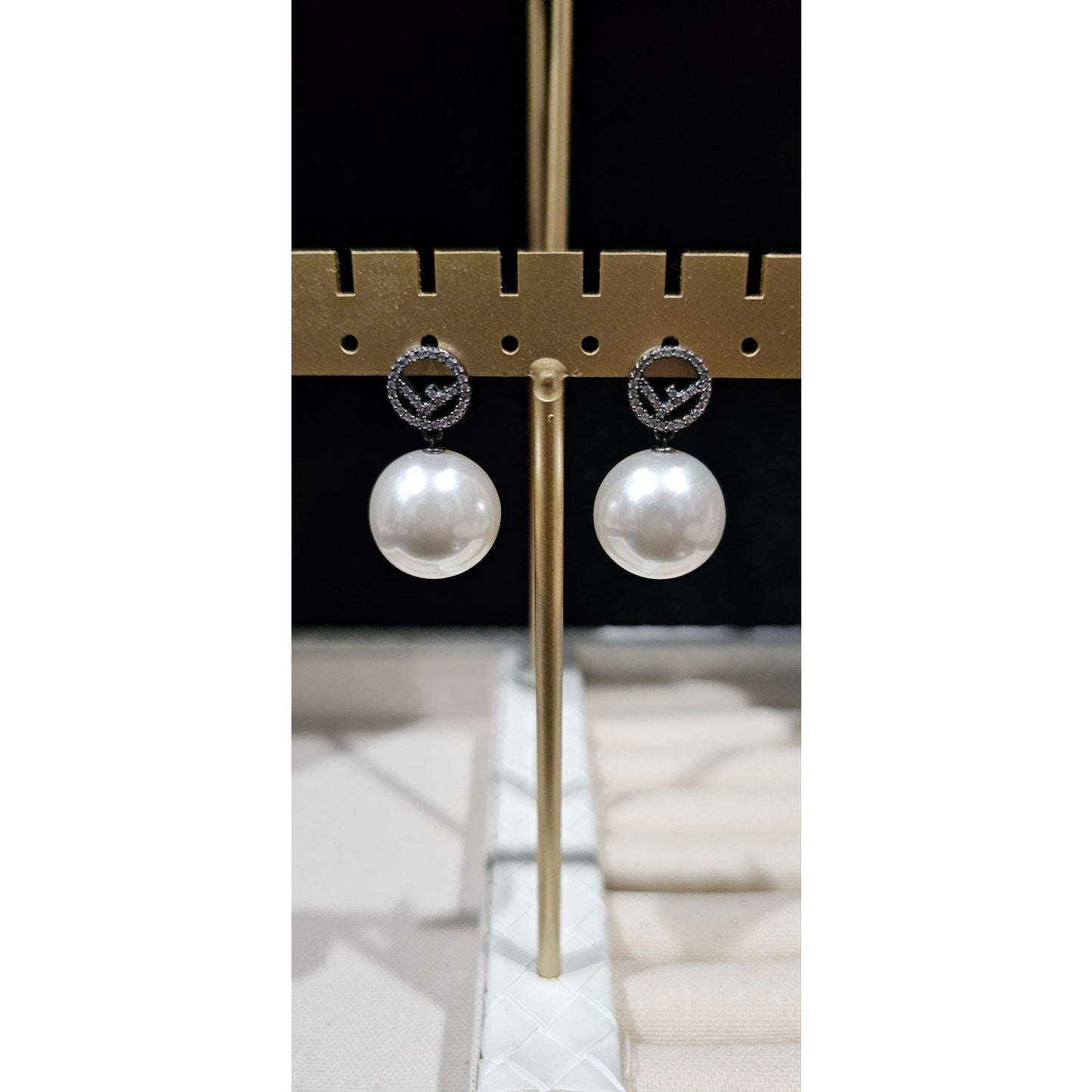 Fendi Gun Metal Rhinestone Pearl Logo Earrings