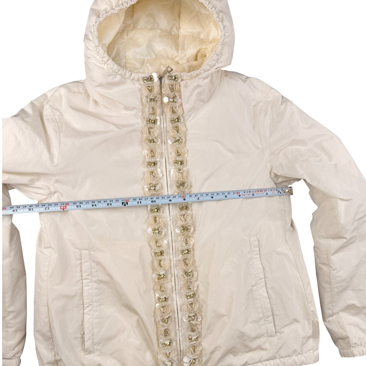 Moncler Argent Floral Rhinestone Polyester Down Jacket, Ivory S/M