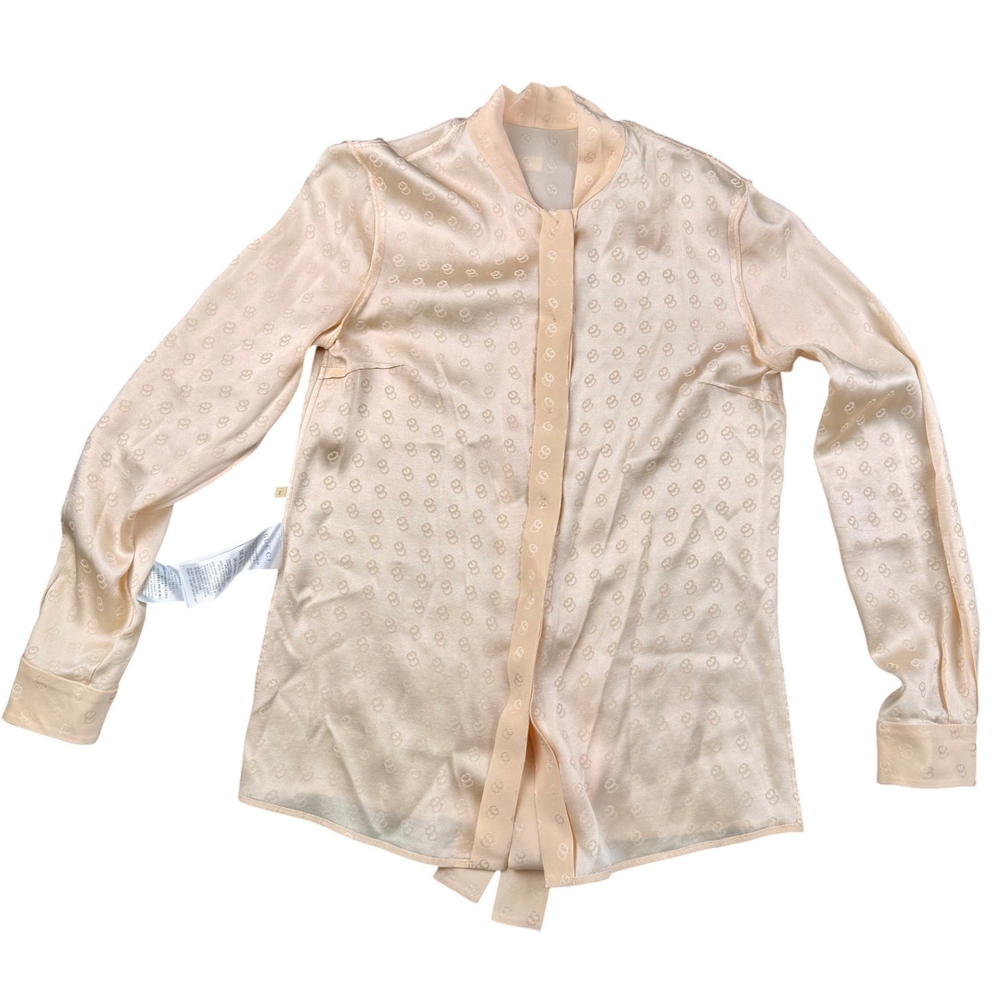 Gucci light beige/Ecru GG silk jacquard blouse with a self-tie neck bow Sz 36