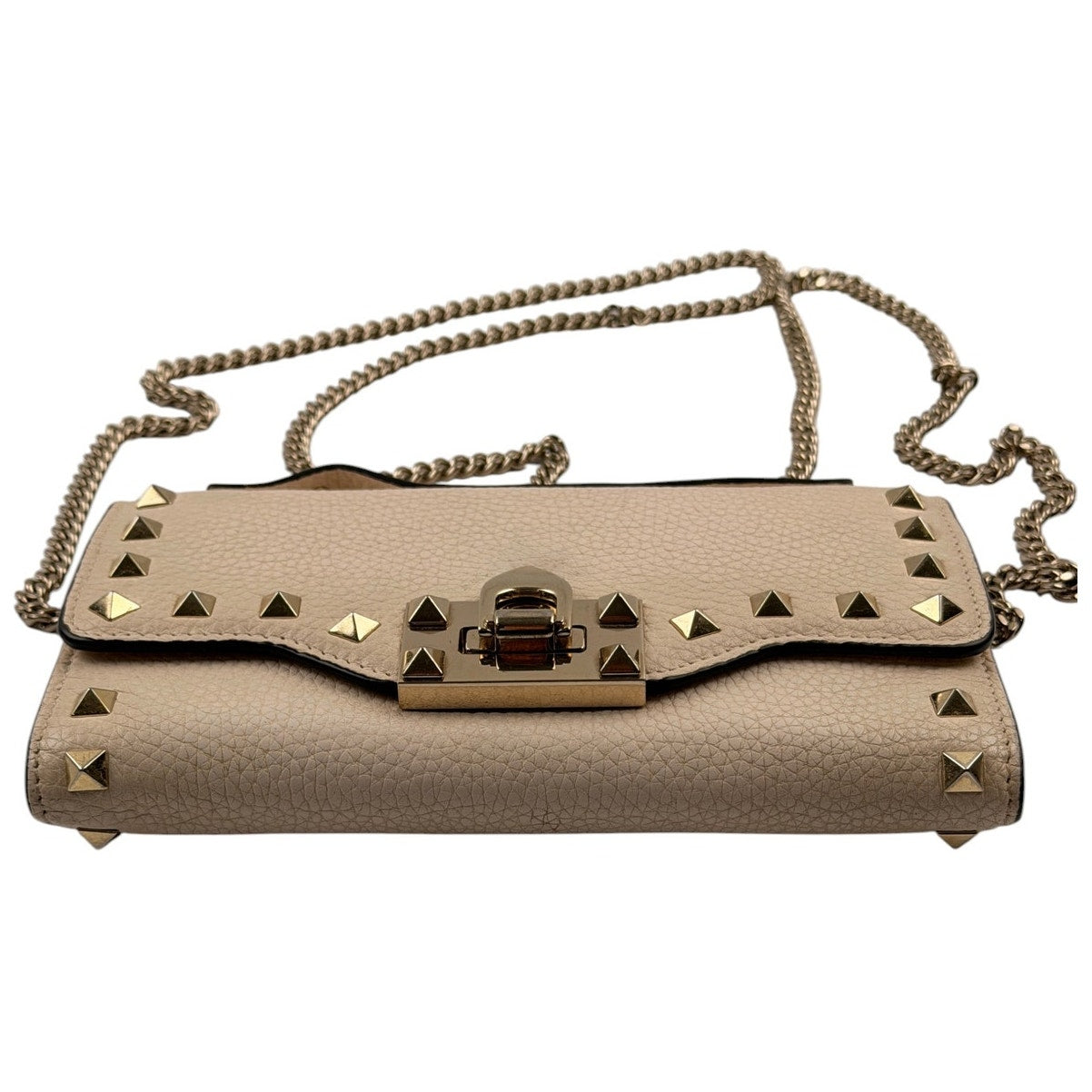 Valentino Garavani Rockstud  leather wallet on chain Ivory