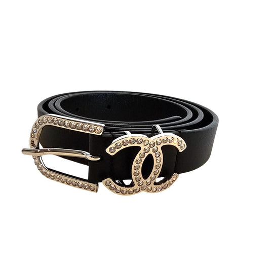 Chanel Black Leather CC Crystals Buckle Belt
