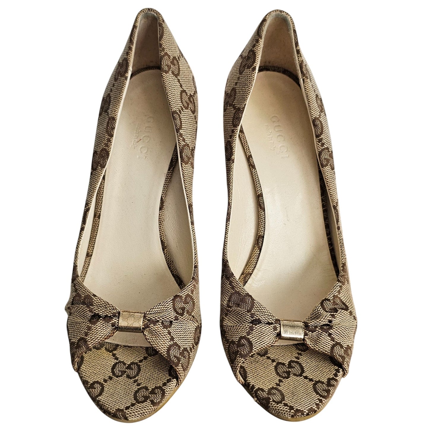 Gucci beige/ebony GG canvas peep-toe Cyprus cork wedge  Size 5B