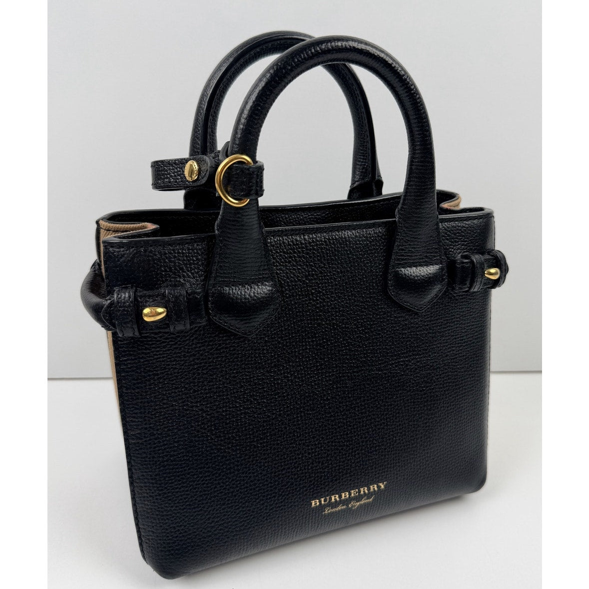Burberry Banner Tote Leather and House Check Canvas Small