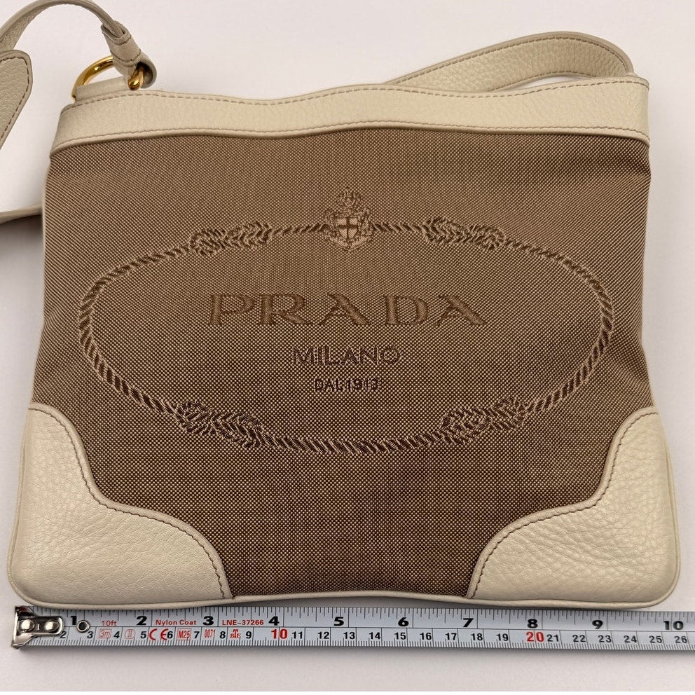 PRADA Canapa Leather Jacquard Crossbody Bag Beige White