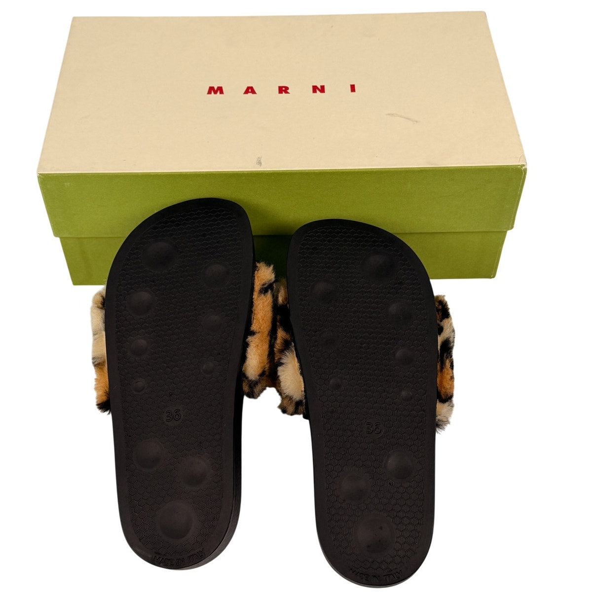 Marni Camel / Black Leopard Faux Fur Embroidered Logo Slide Sandals Brown Sz 36