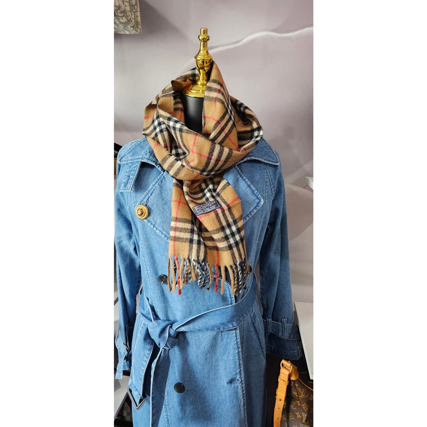 BURBERRYs of London 100% Lambswool BEIGE Scarf Shawl Nova Check Vintage Made In England