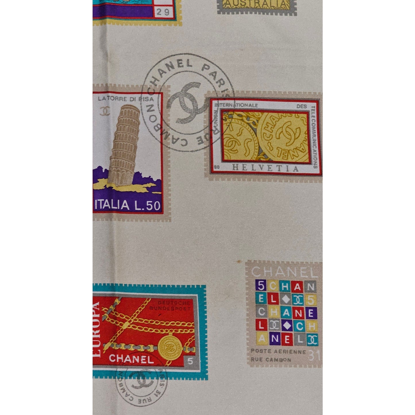 CHANEL "Stamps of the World" Silk Scarf