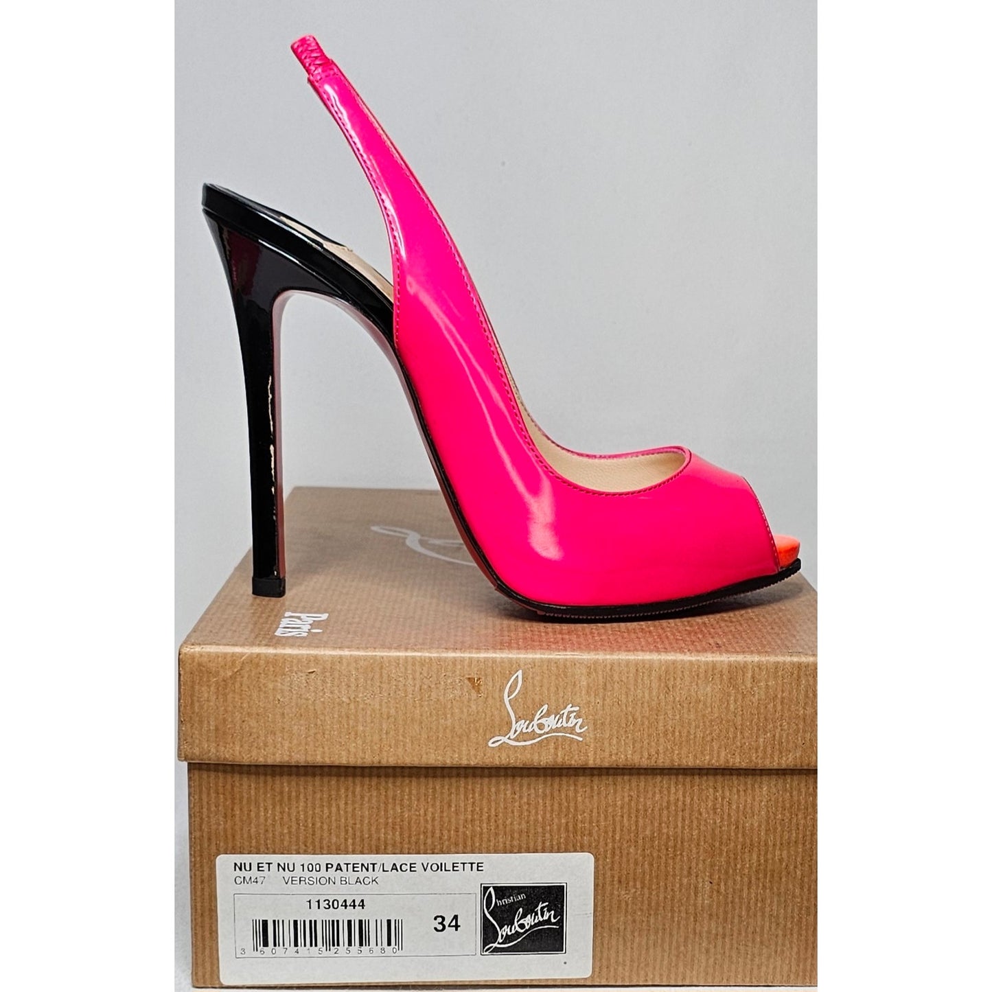 Christian Louboutin Flo slingback pump in hot pink patent leather with an orange platform and black heel