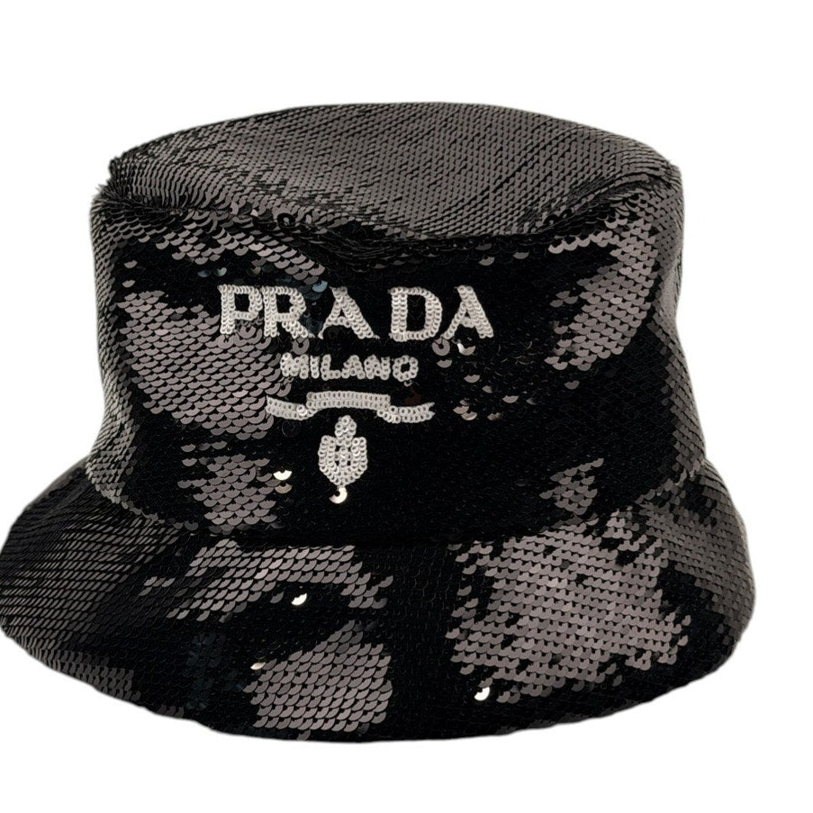 Prada logo-embellished sequined black bucket hat -LARGE