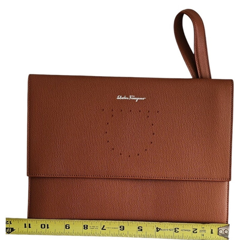Salvatore Ferragamo Brown Pebbled Leather Clutch Bag