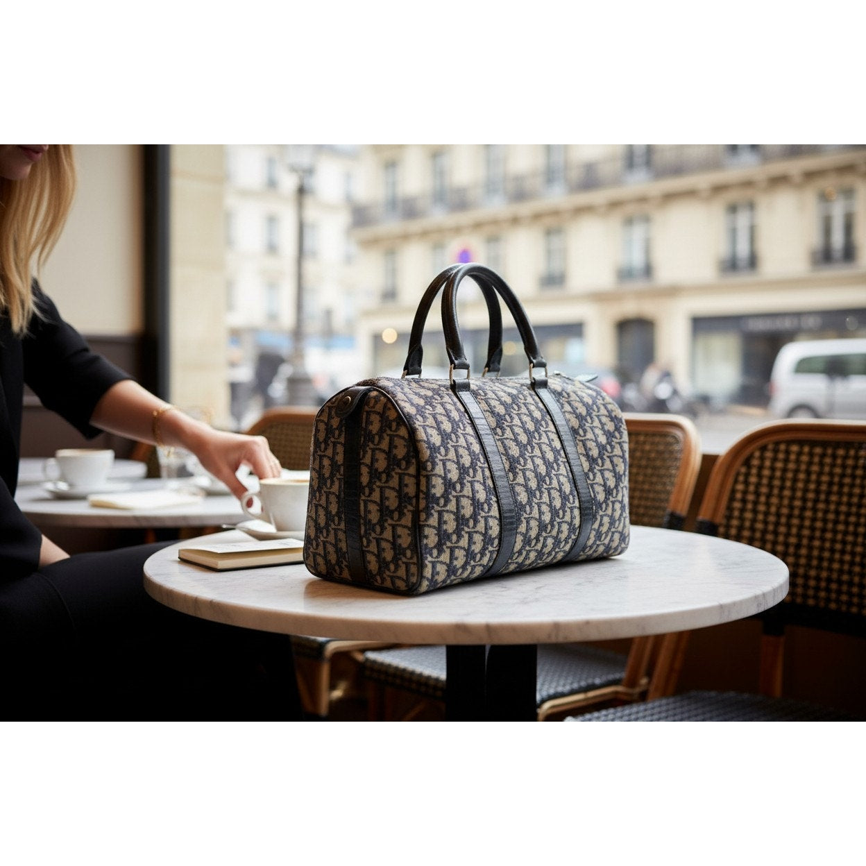 Christian Dior Vintage  Trotter Boston bag in navy blue canvas with leather trim