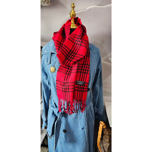 BURBERRYs of London 100% Lambswool RED Scarf Shawl Nova Check Vintage Made In England