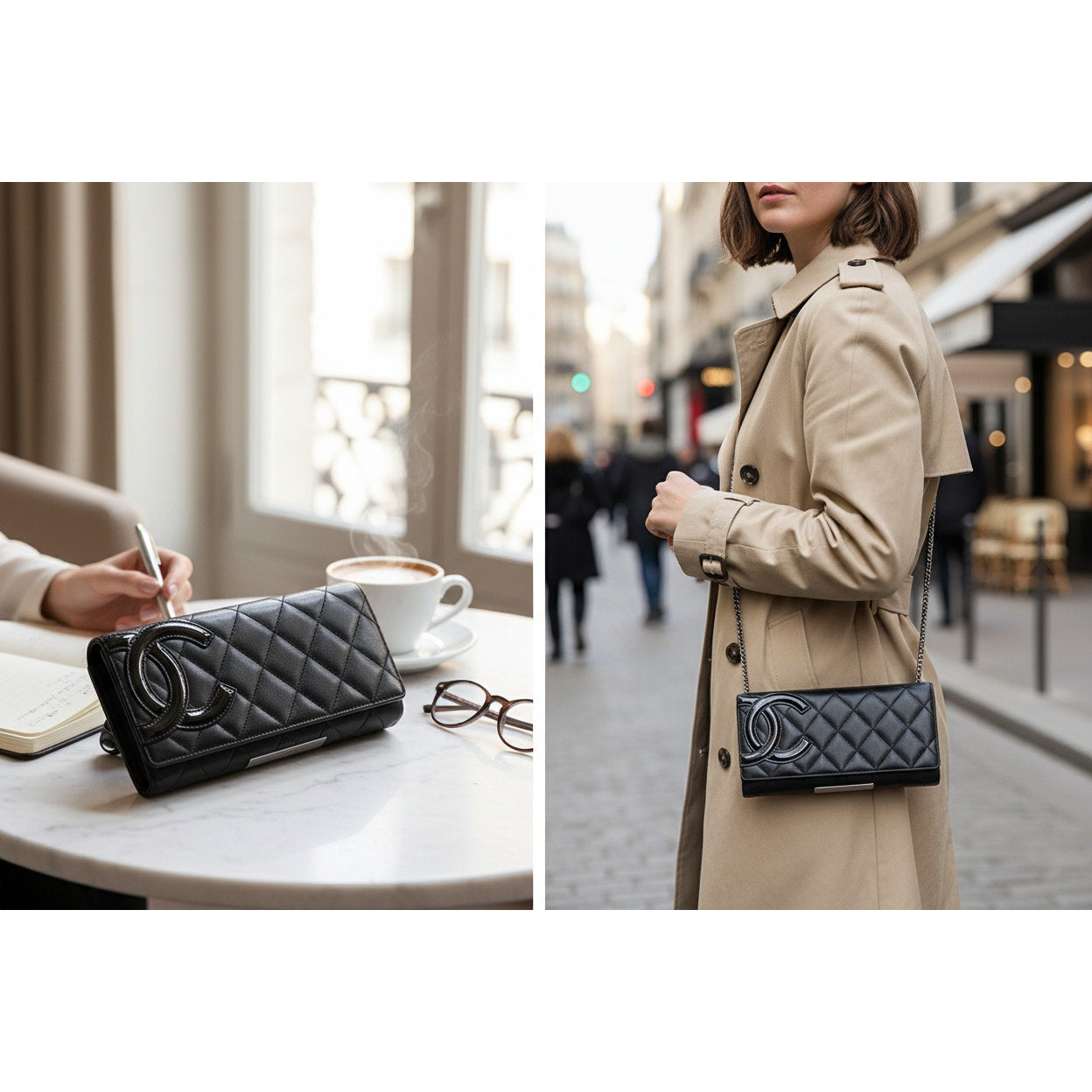Calfskin Quilted Cambon Gusset Flap Wallet Black