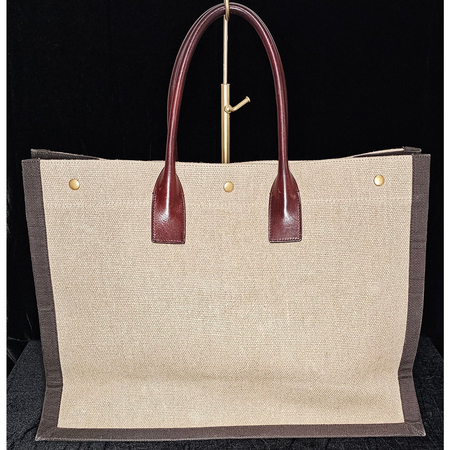 Saint Laurent Rive Gauche tote bag in natural linen and dark brown calfskin leather