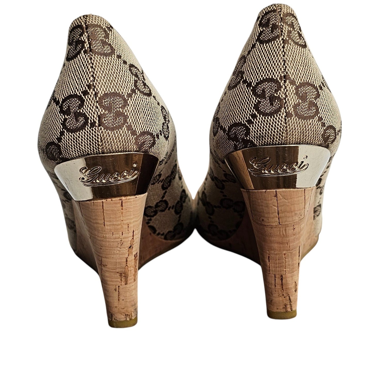 Gucci beige/ebony GG canvas peep-toe Cyprus cork wedge  Size 5B