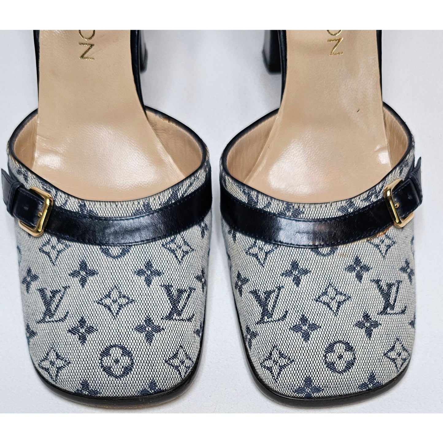 Louis Vuitton D'Orsay ankle strap pumps in blue monogram mini lin canvas and black leather.