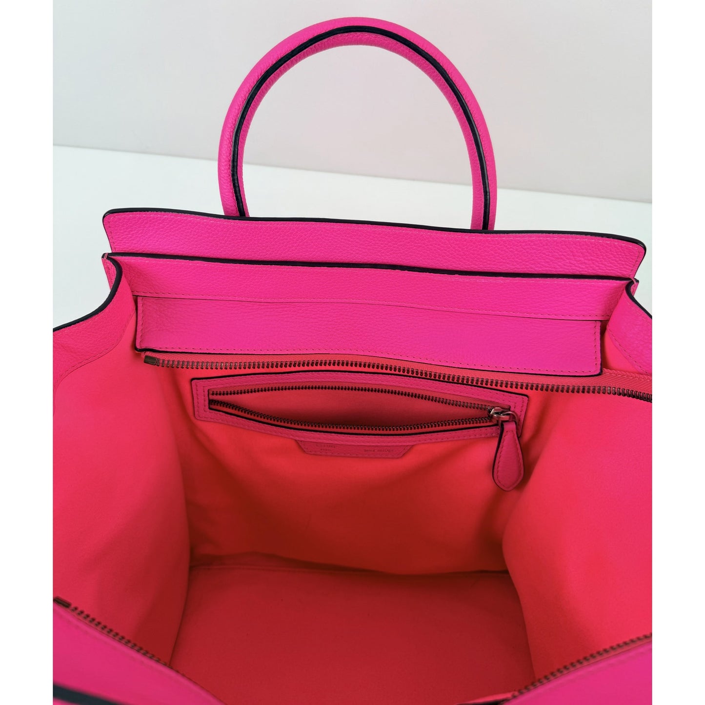 Celine Fluo Pink Drummed Leather Mini Luggage Tote Bag
