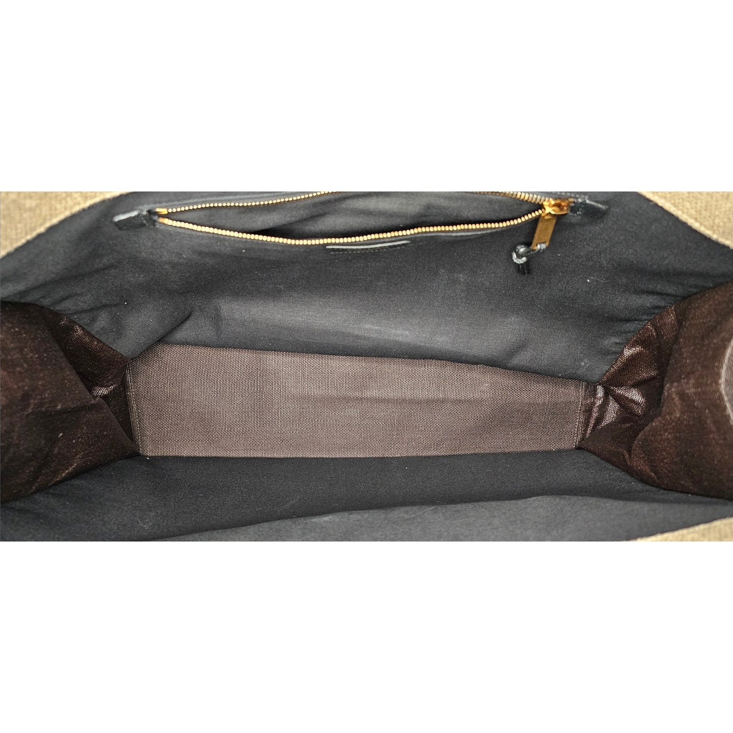 Saint Laurent Rive Gauche tote bag in natural linen and dark brown calfskin leather