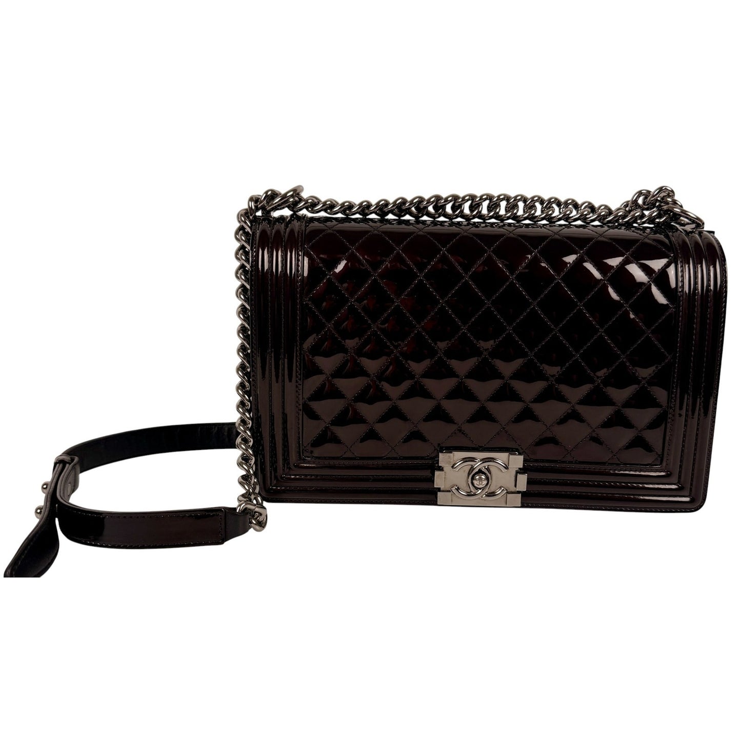 Chanel Boy New Medium Flap Bag in a Brown Patent Leather with Silver-Tone Hardware
