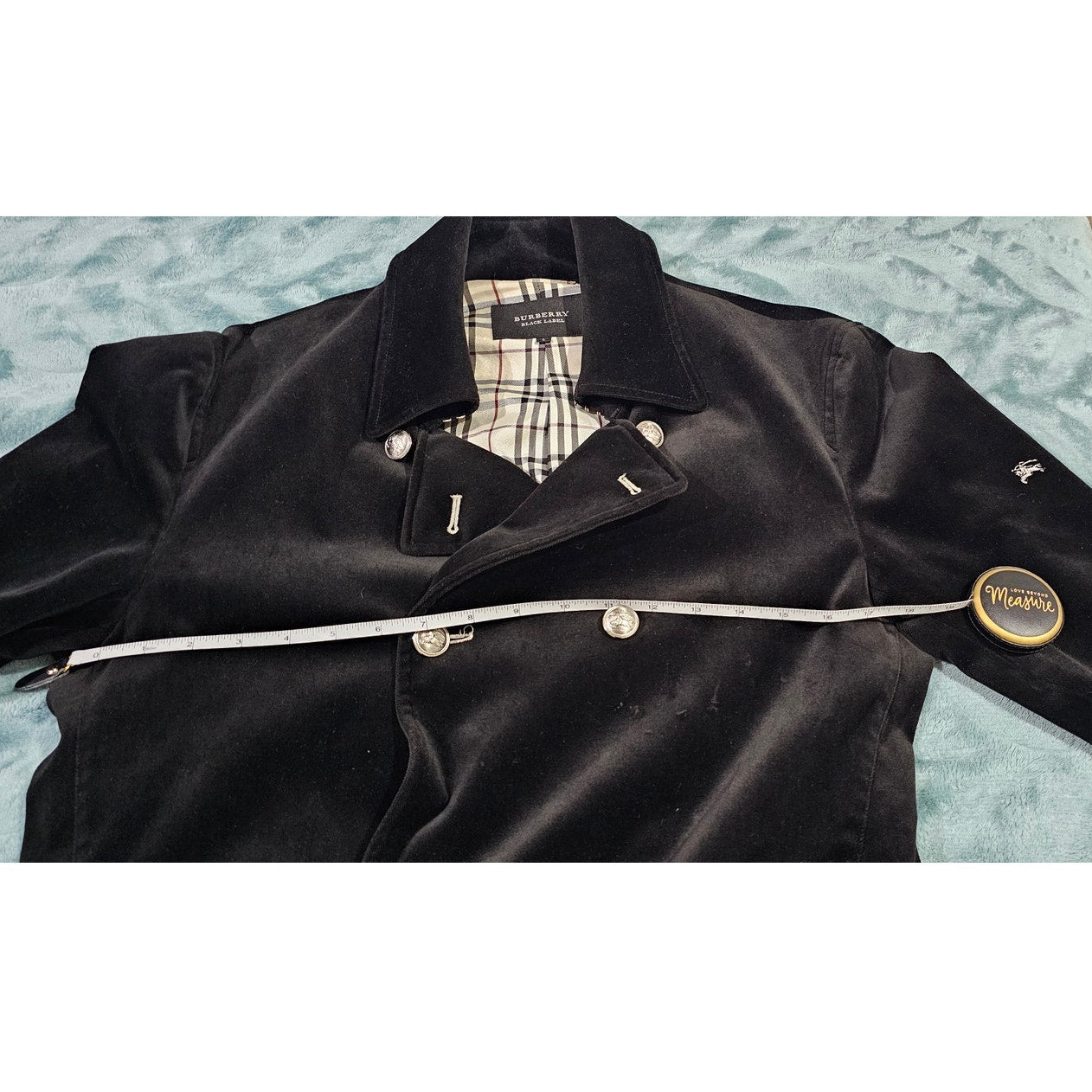 BURBERRY BLACK LABEL Velvet Napoleon Pea Coat Silver Button Men's