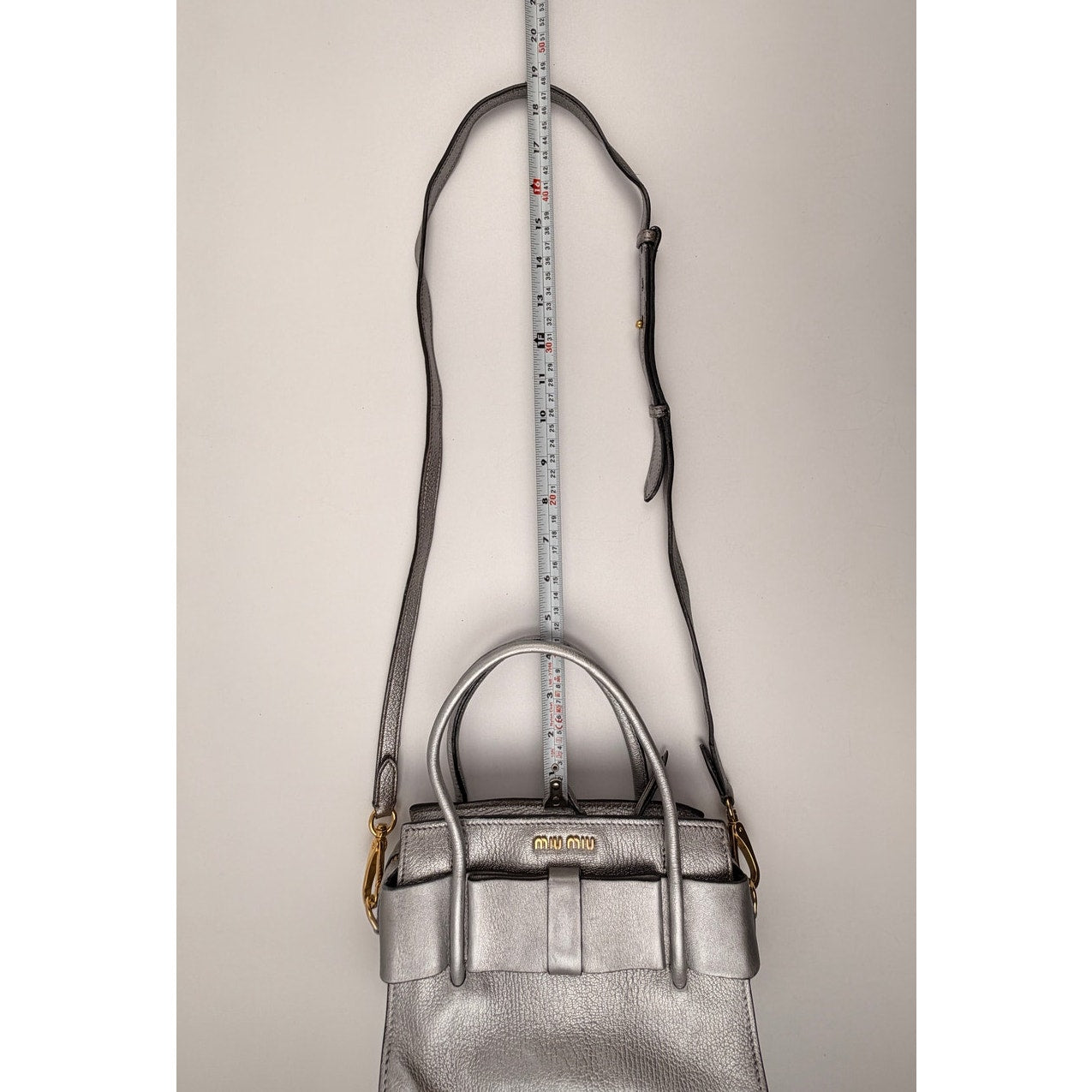 Miu Miu Silver Small Madras Bow-Embellished Tote