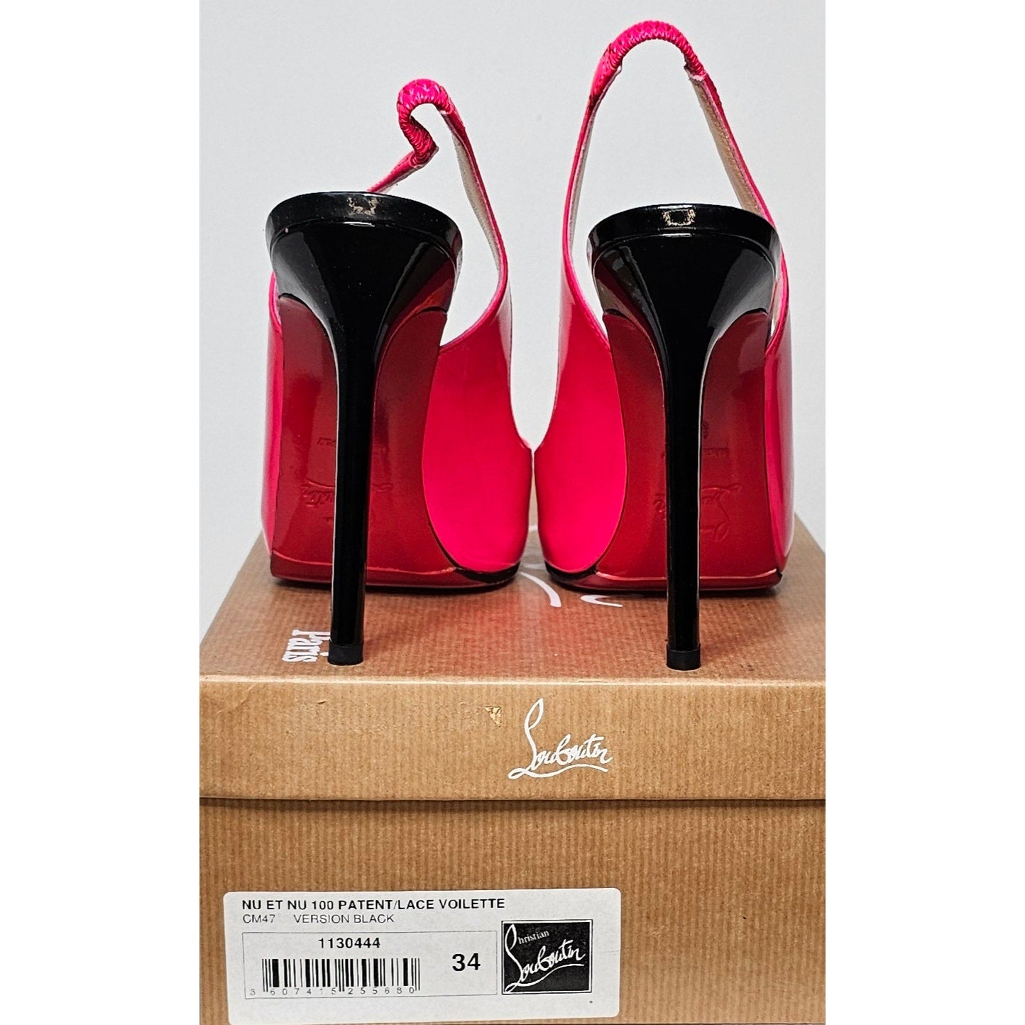 Christian Louboutin Flo slingback pump in hot pink patent leather with an orange platform and black heel