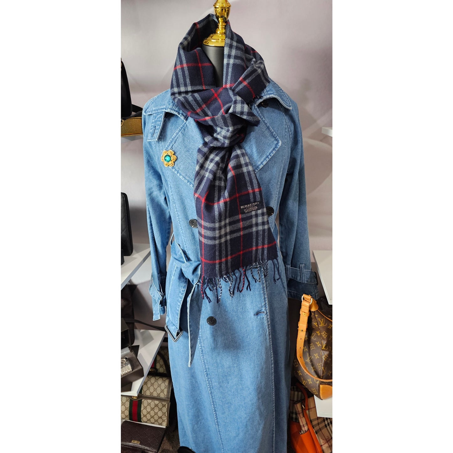 BURBERRYs of London 100% Lambswool Blue & Red Scarf Nova Check Vintage Made In England