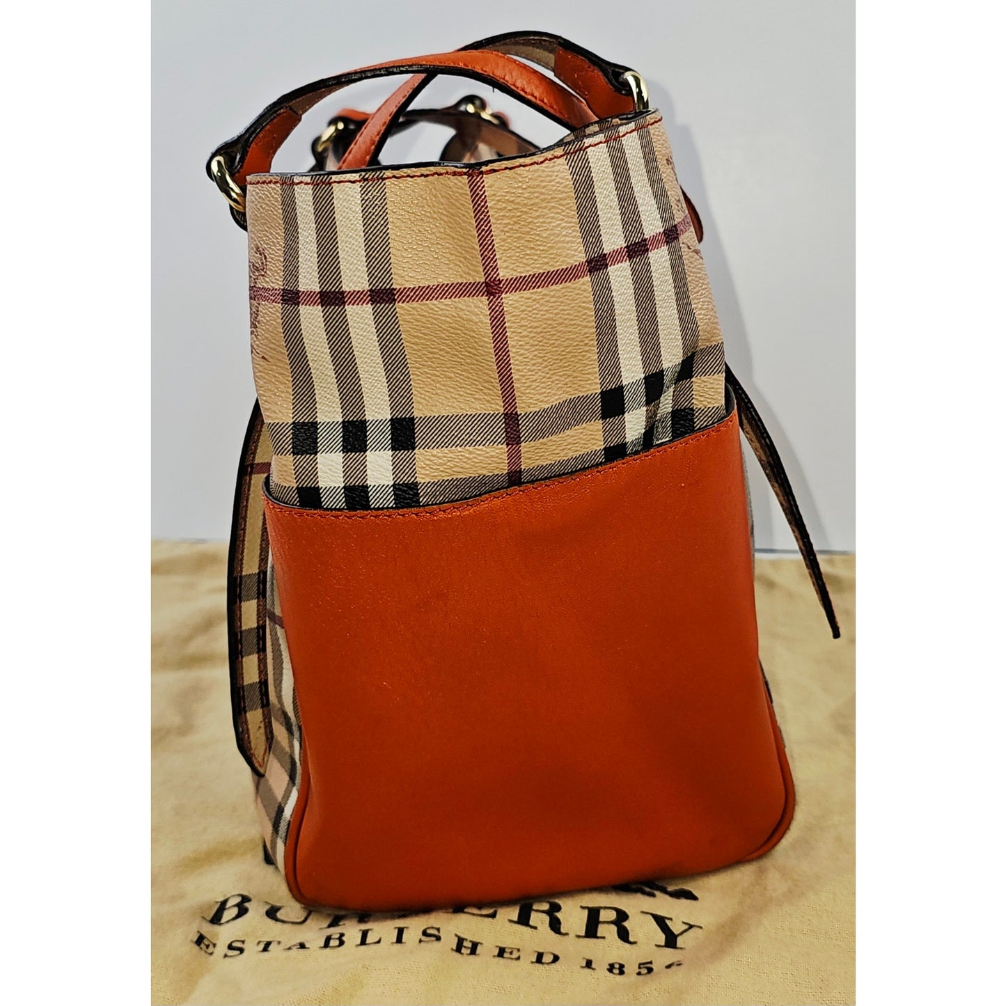 Burberry Orange Leather Haymarket Check Coated Canvas Canterbury Tote Bag