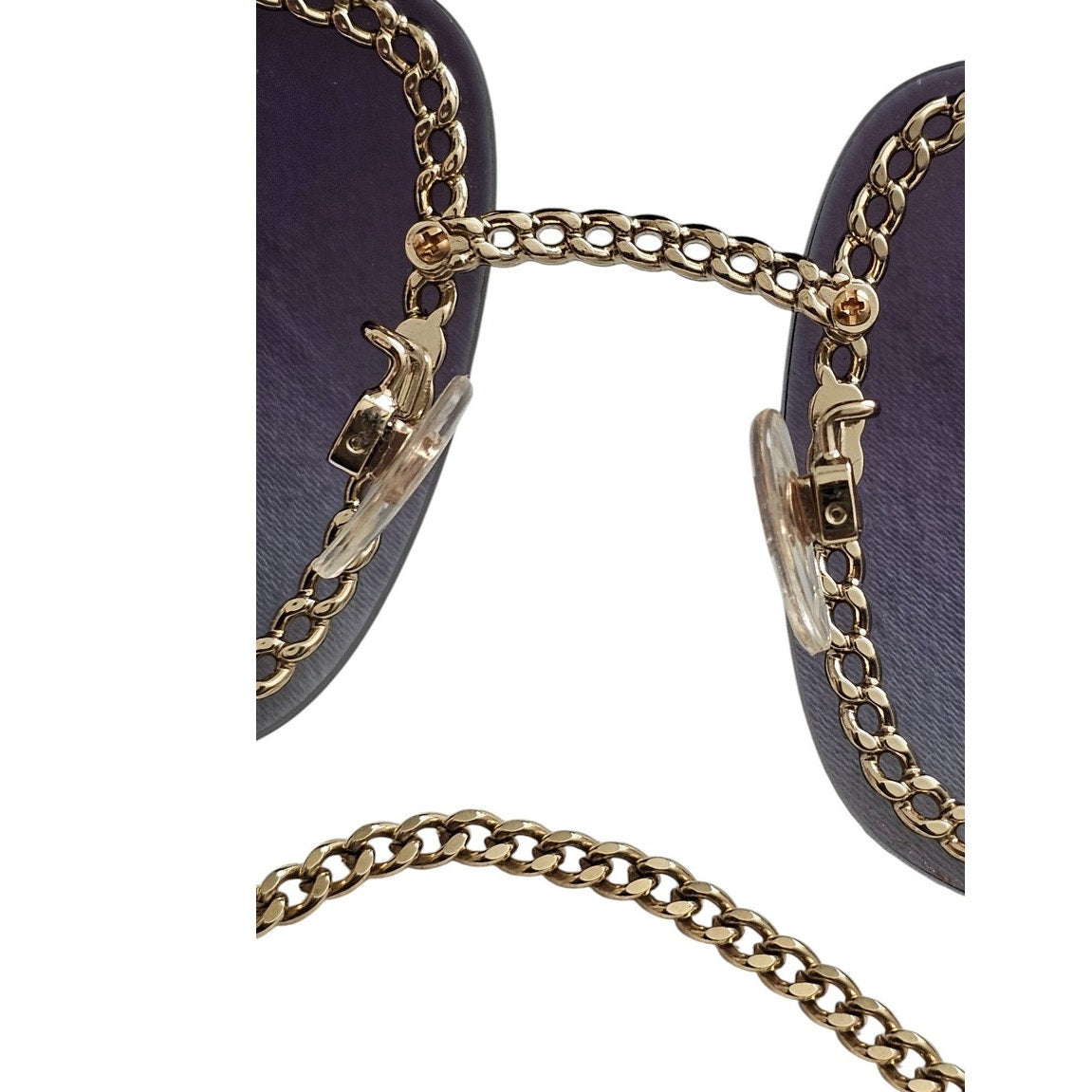 Chanel CH4244 square metal frame sunglasses with a detachable gold-tone chain and grey gradient lenses