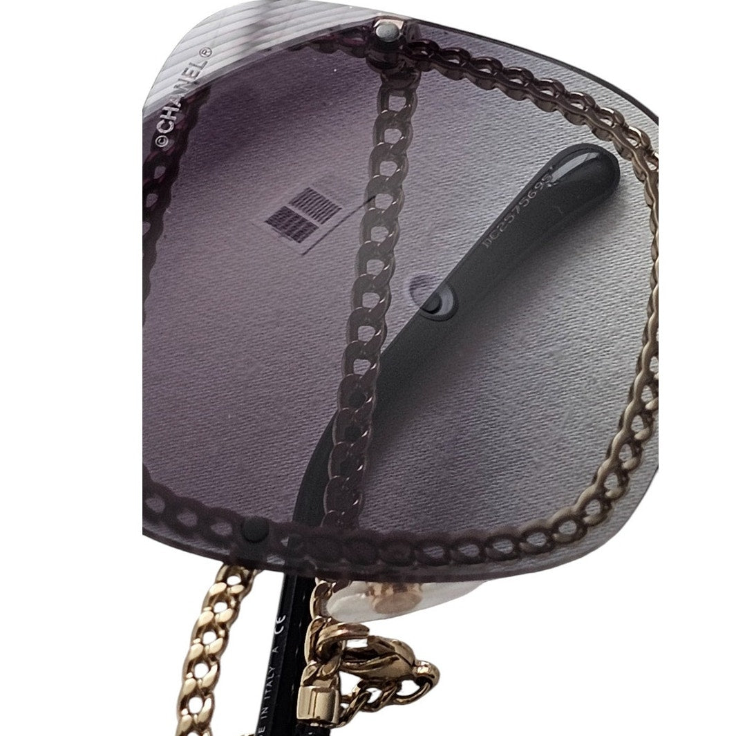 Chanel CH4244 square metal frame sunglasses with a detachable gold-tone chain and grey gradient lenses
