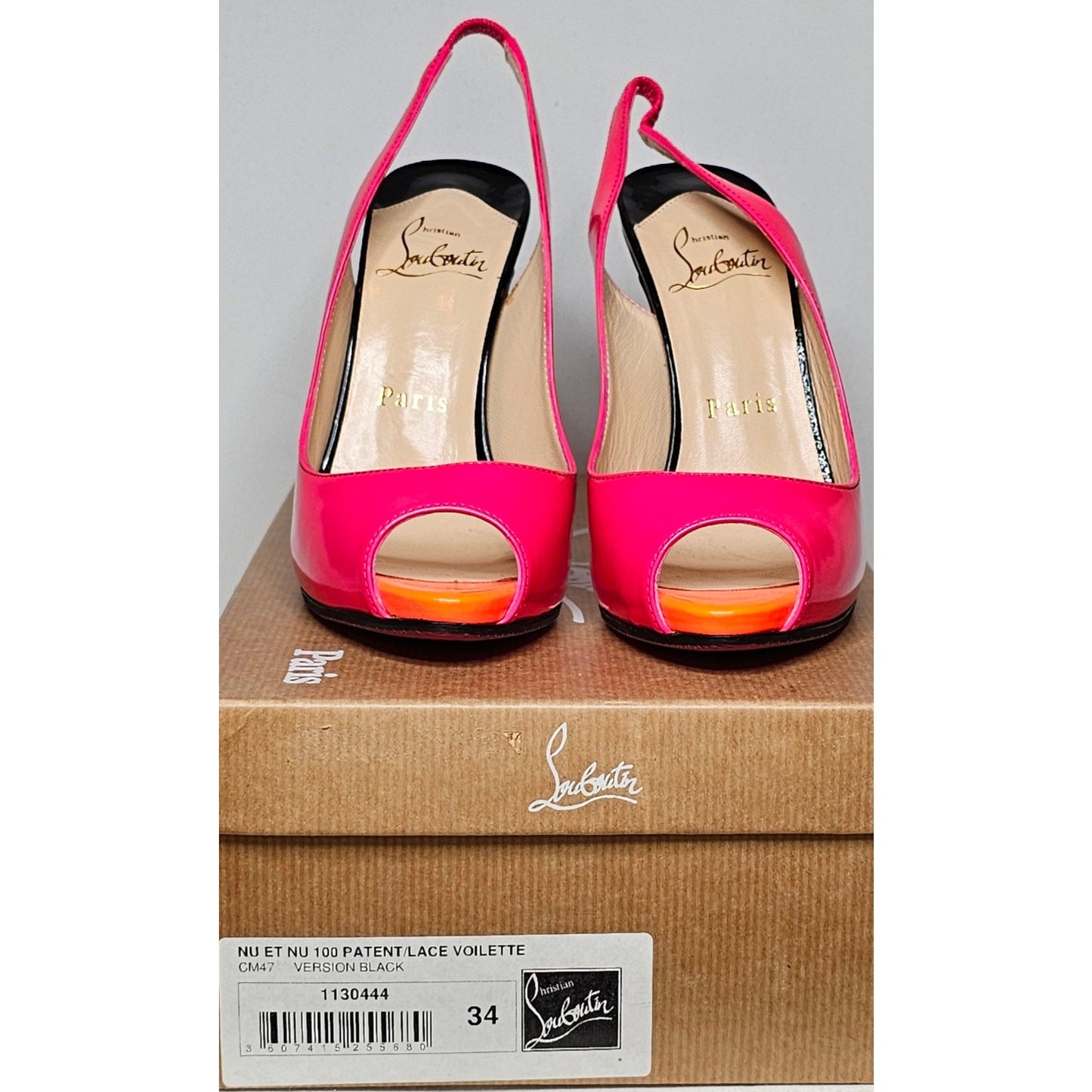 Christian Louboutin Flo slingback pump in hot pink patent leather with an orange platform and black heel