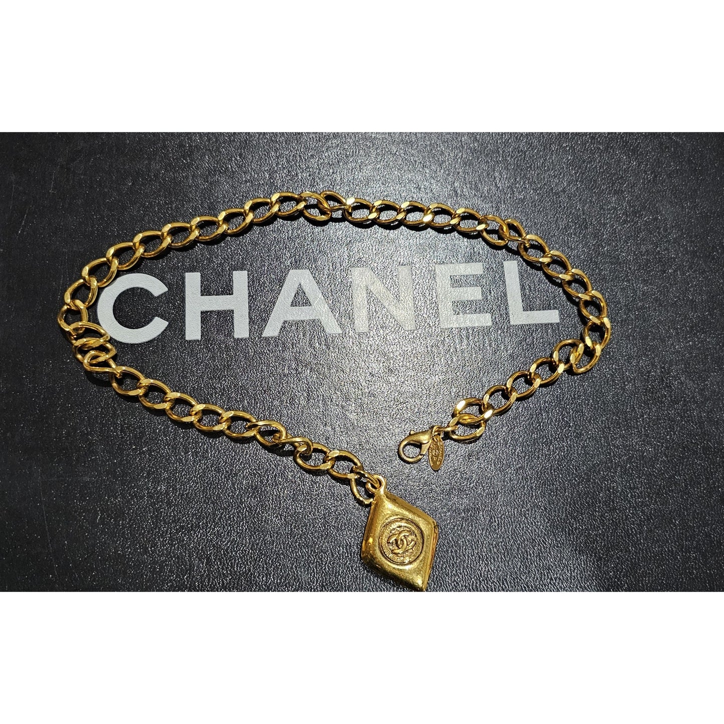 CHANEL CC Vintage 24K Necklace Rhombus Logo Gold 93P