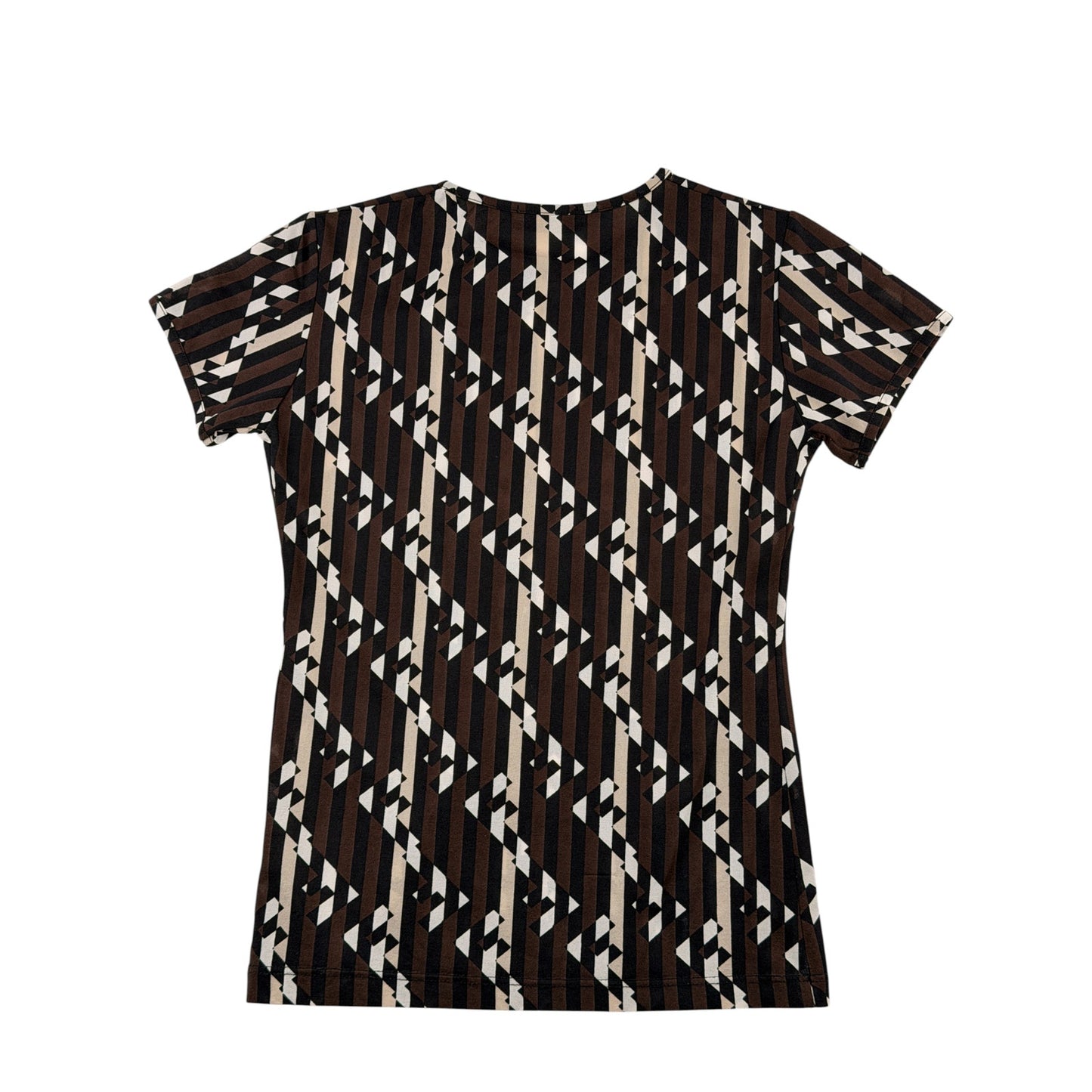 Fendi vintage 1990s T-shirt features a vertical Zucca FF logo pattern in brown, black, and white