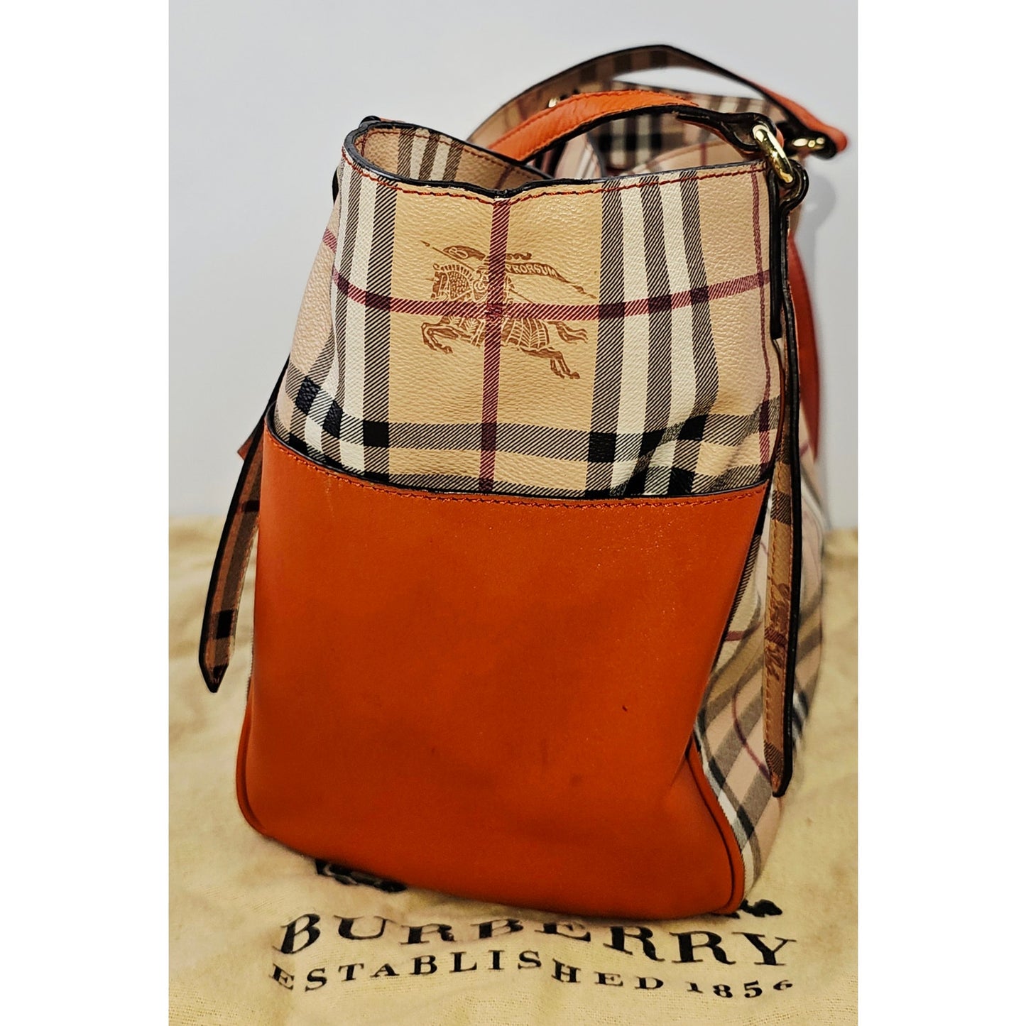 Burberry Orange Leather Haymarket Check Coated Canvas Canterbury Tote Bag