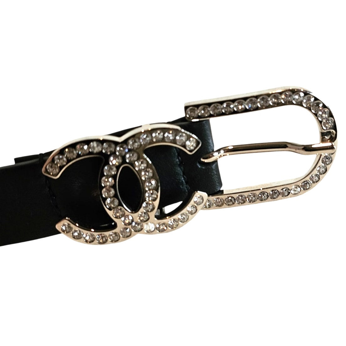 Chanel Black Leather CC Crystals Buckle Belt