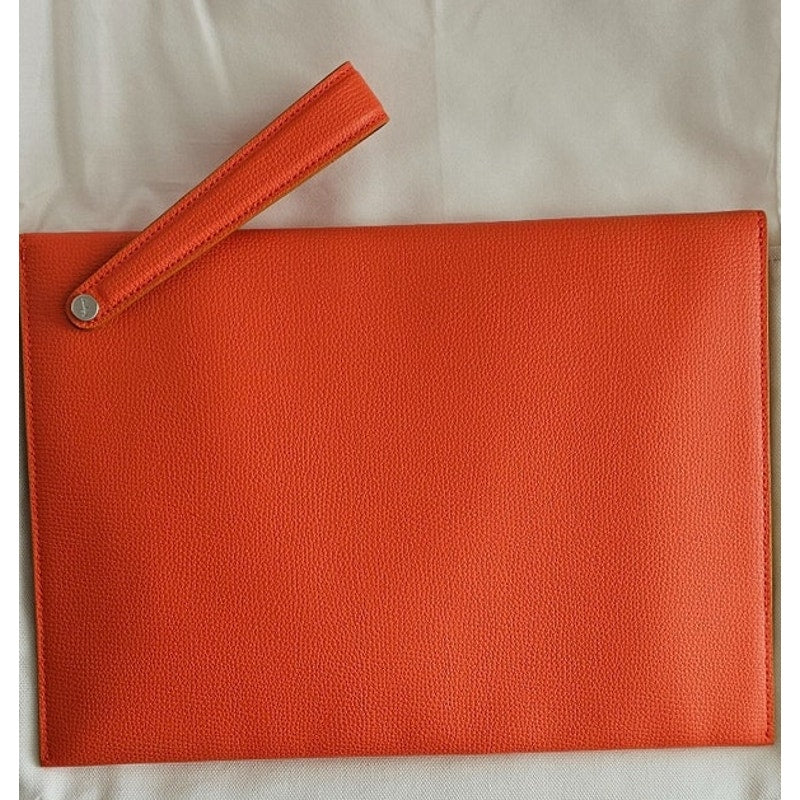 Salvatore Ferragamo Orange Pebbled Leather Clutch Bag