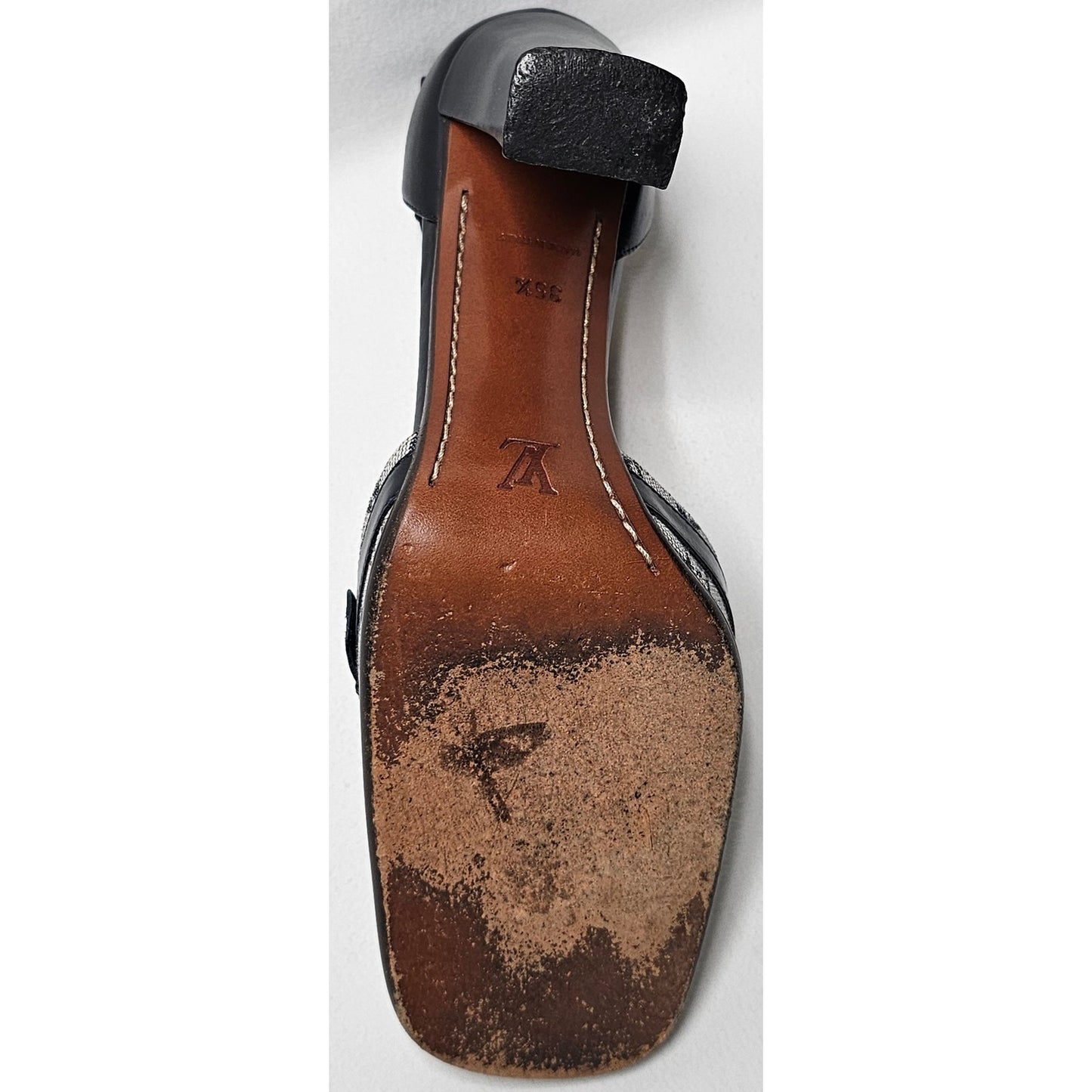 Louis Vuitton D'Orsay ankle strap pumps in blue monogram mini lin canvas and black leather.