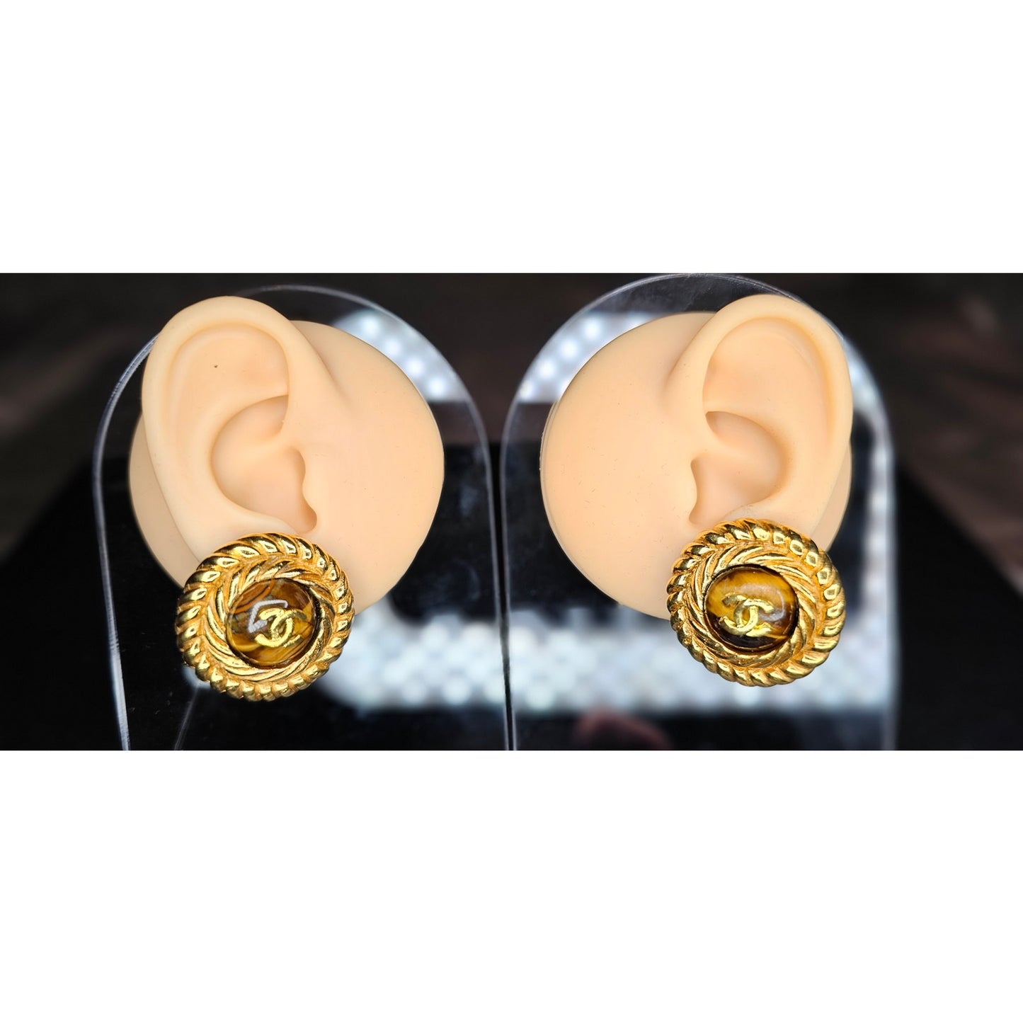 CHANEL Vintage Coco Mark Tiger Eye Earrings