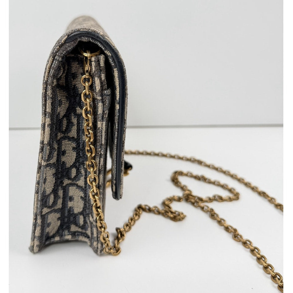 Christian Dior Medium Saddle Pouch with Chain in Blue Dior Oblique Jacquard