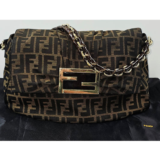 Fendi Tobacco Zucca Print Canvas Mia Flap Shoulder Bag