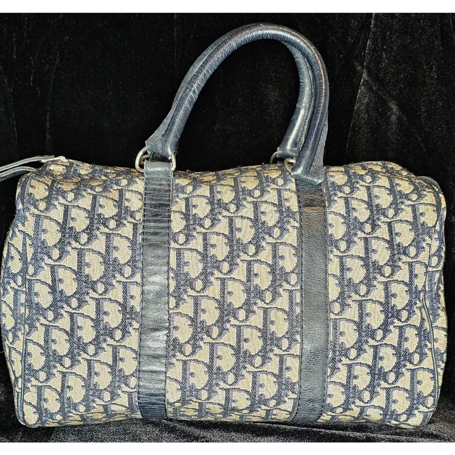 Christian Dior Vintage  Trotter Boston bag in navy blue canvas with leather trim