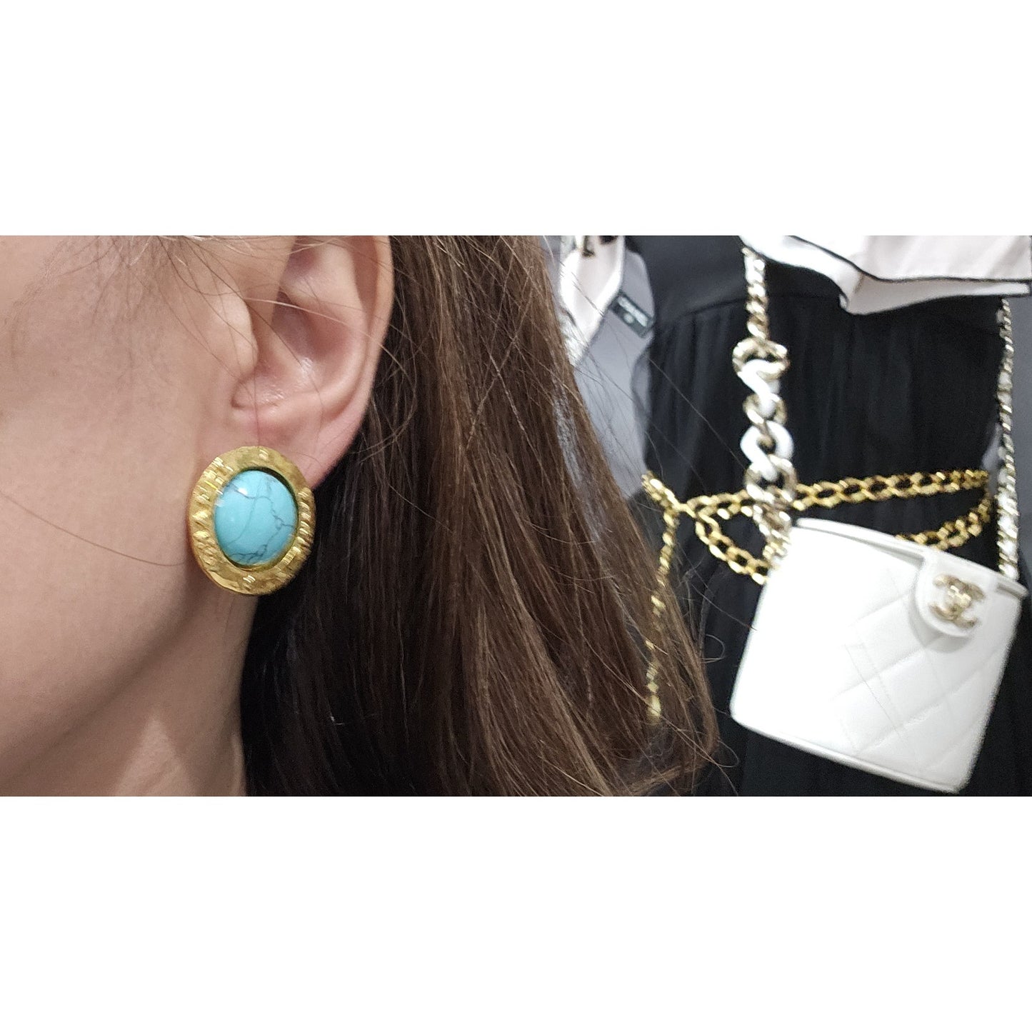 Chanel Collection 28 Turquoise Stone Gold Clip-On Earrings